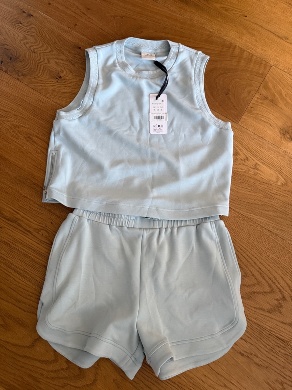 Varley Pale Blue Sleeveless Crop Top and Elastic Waist Shorts Set